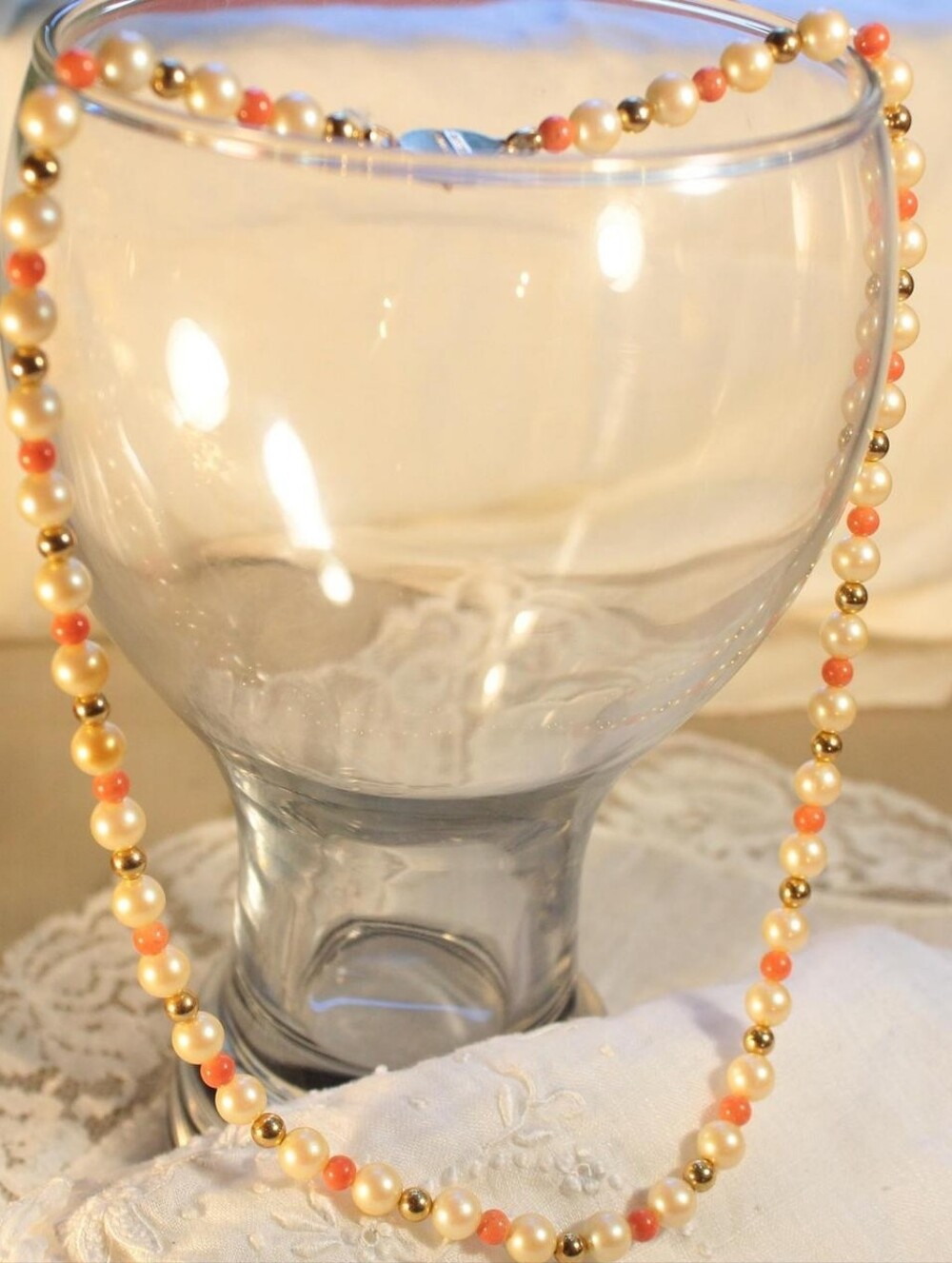 Vintage Monet Orange and White Beaded Necklace with Gold-Tone Accents